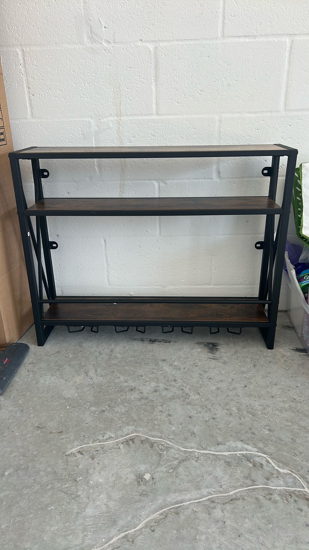 Wall Mounted Wine Rack, 3 Tiers Hanging Shelf with 4 Stem Glass Holder & Metal Frame for Kitchen, Dining Room, Bar, Restaurant, Rustic Brown