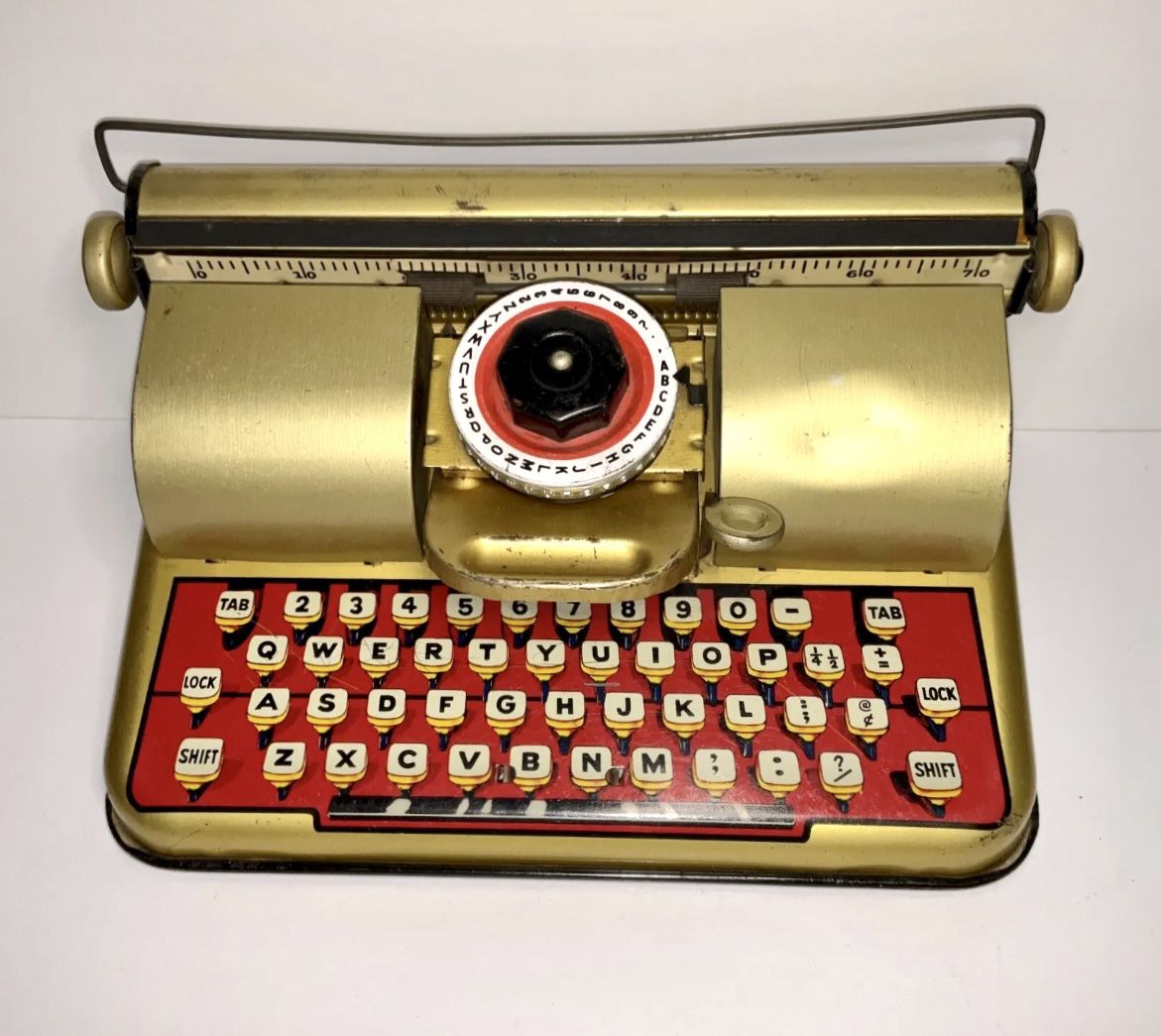Vintage Berwin SUPERIOR Gold Tin Toy Typewriter Nice !