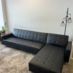 Black Leather Sectional Futon and chaise

