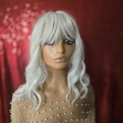 White  Synthetic Hair Wigs New  12" With Bangs