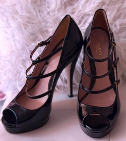 Authentic GUCCI Lisbeth Black Patent 3-Strap Heels Size 39 (Fits US 8.5-9)