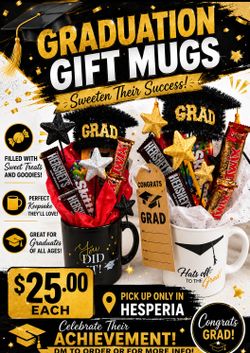 Graduation gifts. Mugs filled with candy goodies