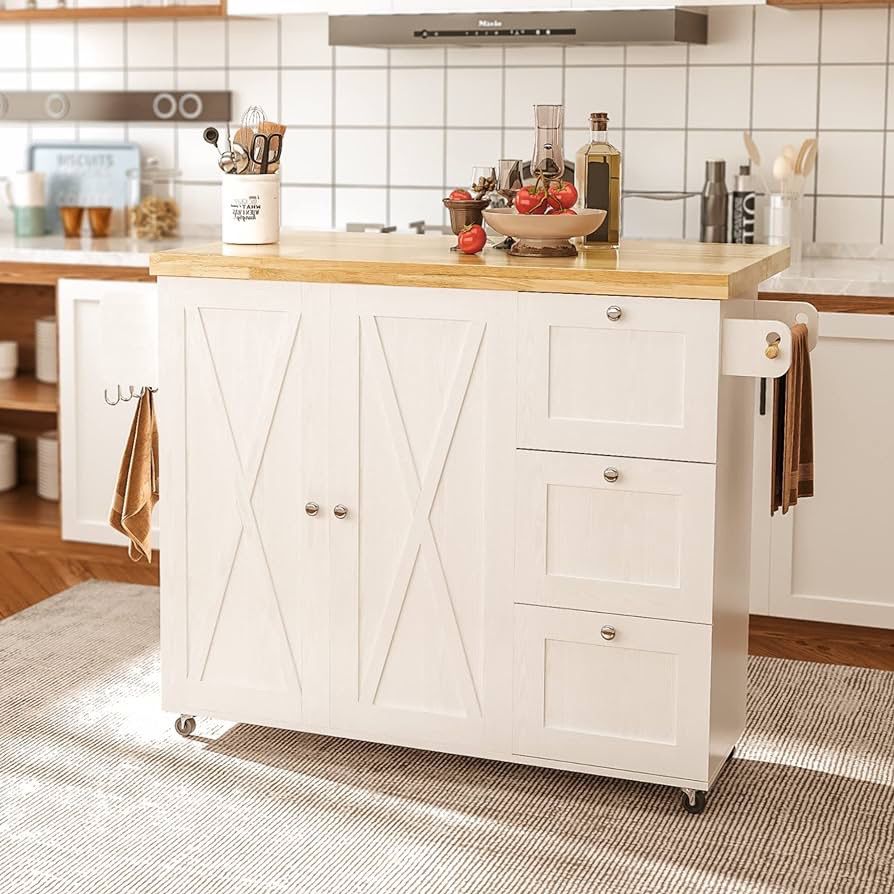 Rolling Kitchen Island Cart with Drop-Leaf Countertop, Barn 3Drawers, Barn Door Style Cabine,Thicker Rubberwood Top, Spice Rack, on Wheels, for Kitche