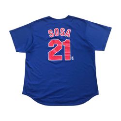 VINTAGE MAJESTIC CHICAGO CUBS SAMMY SOSA JERSEY 2XL XXL BLUE SCRIPT LOGO MLB Y2K