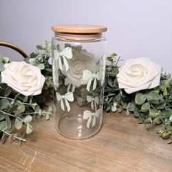 Personalized Bow Glass Cup with Name | Custom Aesthetic Cup | 16 oz Glass Can with Bamboo Lid