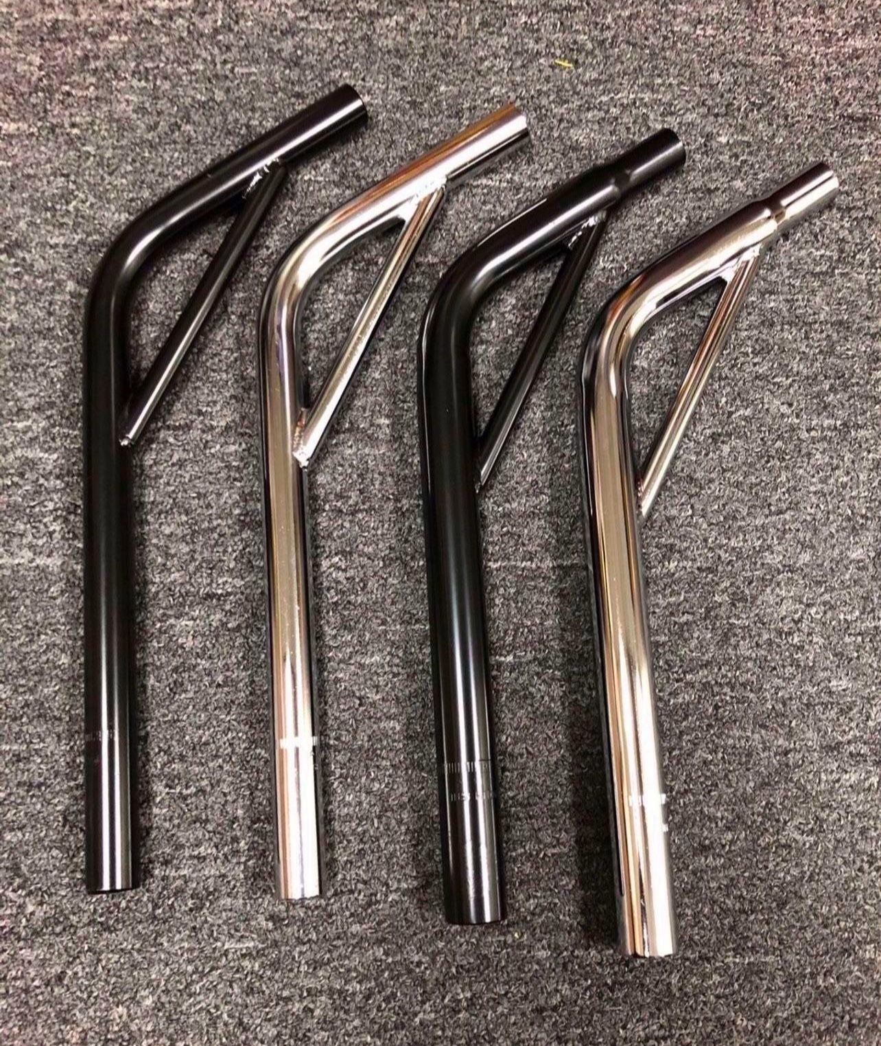Layback seatpost with support in matte black or chrome finish, 22.2mm, 25.4mm, 27.2mm, $20 each