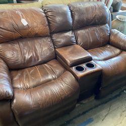Brown Leather Reclining Sofa w/ Cup Holder & Storage