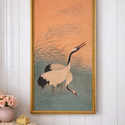 Vintage Japanese Crane Wall Art – Gold Framed 19” x 38” Chinoiserie Statement Piece