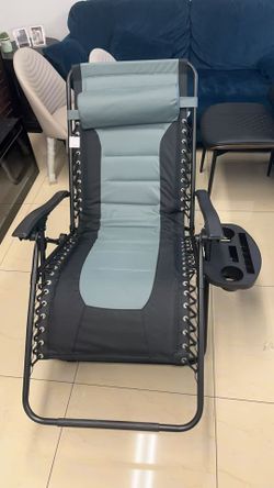 Black Foldable Metal Frame Padded Outdoor Cloth Gravity Chairs with Foot Cover and Big Cupholder in Grey 