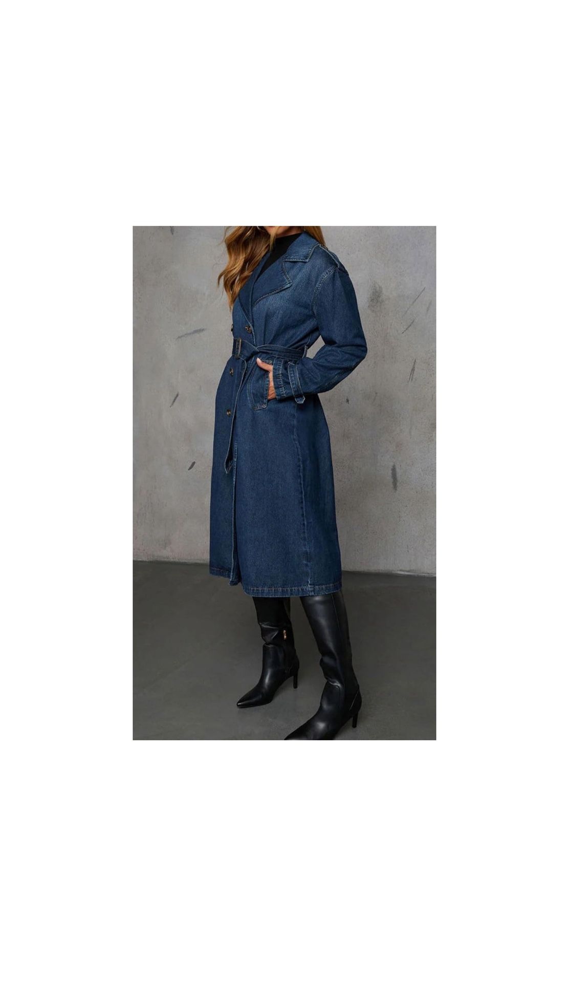 Vintage Double Breasted Mid Long Denim Jacket Jean Trench Coat Duster Blazer Jacket Windbreaker Belt