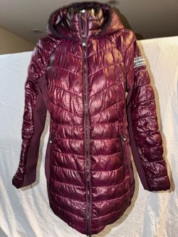 Calvin Klein Performance Women's Hooded Mixed-Media Puffer Jacket, Burgundy/Maroon – Size Large