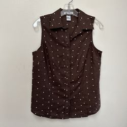 Woman’s CAROLE LITTLE 100% Linen Brown Sleeveless Polkadotted Button Up Top/Shirt…Size-medium
