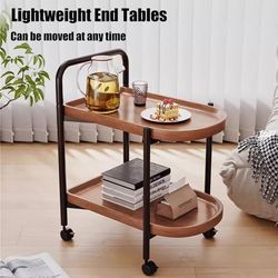 Curved Entryway End Tables, Couch Movable 2-Tier Storage Design Sofa Console Table with Wheels for Home Kitchen Dining Hallway and Living Room(Brown)