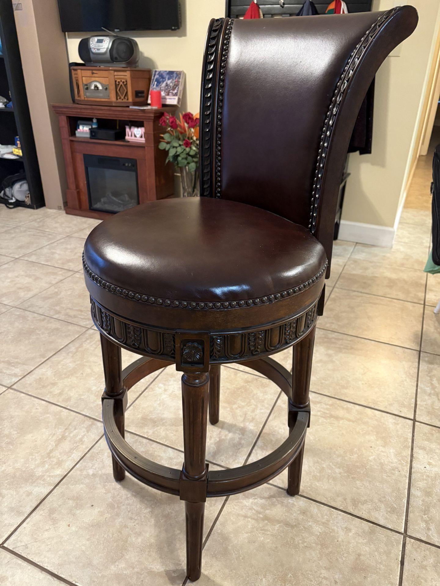 Beautiful Wood And Leather Swivel Barstool High Top Chair Hightop Bar Stools Dark Classic Classy