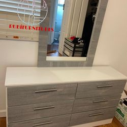 NEW MIRROR DRESSER CHEST AND 1 NIGHTSTAND. 4 PIECES. SET ALSO SOLD SEPARATELY 
