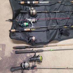 8 Fishing Rods And Reels And one Travel Bag 
