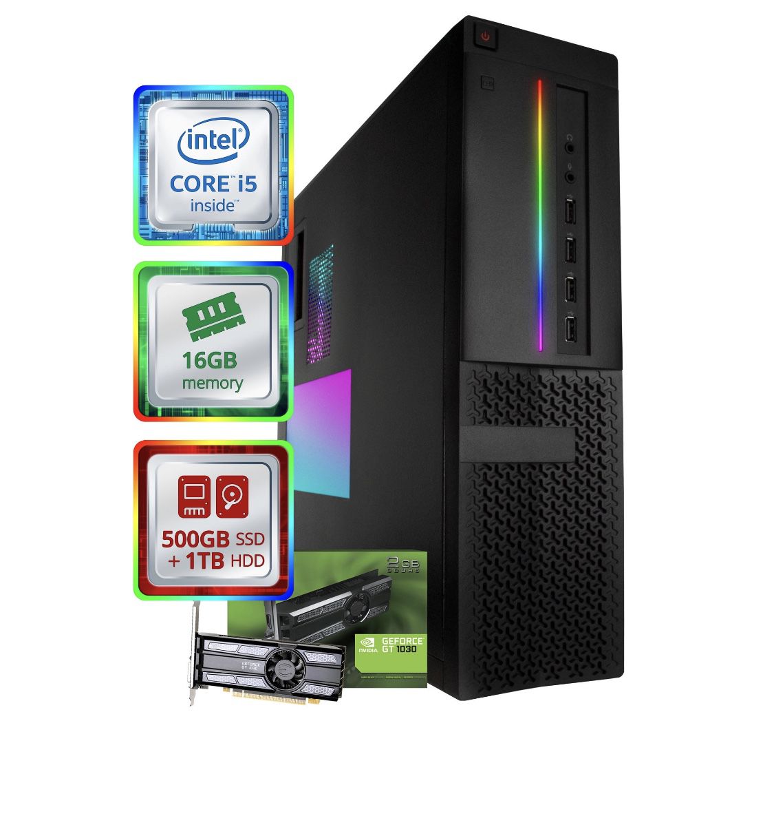 RGB Gaming Computer | Intel Quad Core i5 (3.5Ghz Turbo) | GeForce GT 1030 (2GB) GPU | 16GB DDR3 RAM | 500GB Solid State SSD + 1TB HDD | 5G-WIFI + Blue