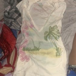 Large- Margaritaville White V-Neck T-Shirt - Tropical Palm Tree & Pink Flower Graphic Tee