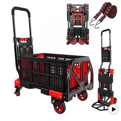 2 in 1 Hand Truck Dolly with Folding Basket,Folding Hand Truck Heavy Duty 330lbs Capacity,Foldable Hand Trcuk with Retractable Handle and Rubber Wheel