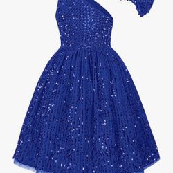 GRACE KARIN Girls Sequin Dress One Shoulder Sparkle Party Dress with Hair Bow