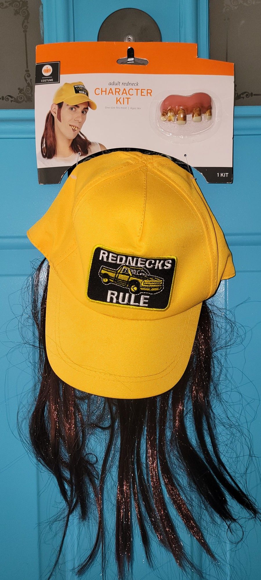 Redneck Rules Hat with Mullet Wig Attached And Teeth.  Baseball Trucker Cap for Halloween