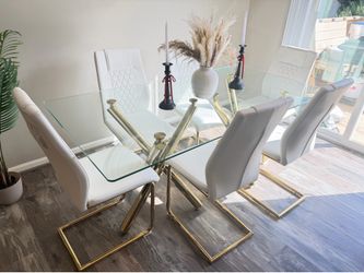 ✨ Modern Glass Dining Table Set with 6 White Chairs – White & Gold ✨