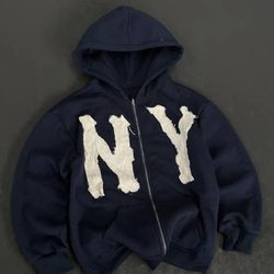 Distressed NY Patch Navy Zip-up Hoodie