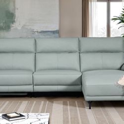 Brand New Pale Blue Top Grain Leather Power Reclining Sectional Sofa 