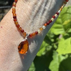 Citrine Pear Pendant On 17” Multicolored Citrine Bead Neck 