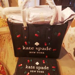 Kate Spade ELLA 🍒Cherry🍒 Embroidered Denim Tote Bag & Matching Wallet Set. Brand New With Tags. Retail Value $628.00 + tax. 