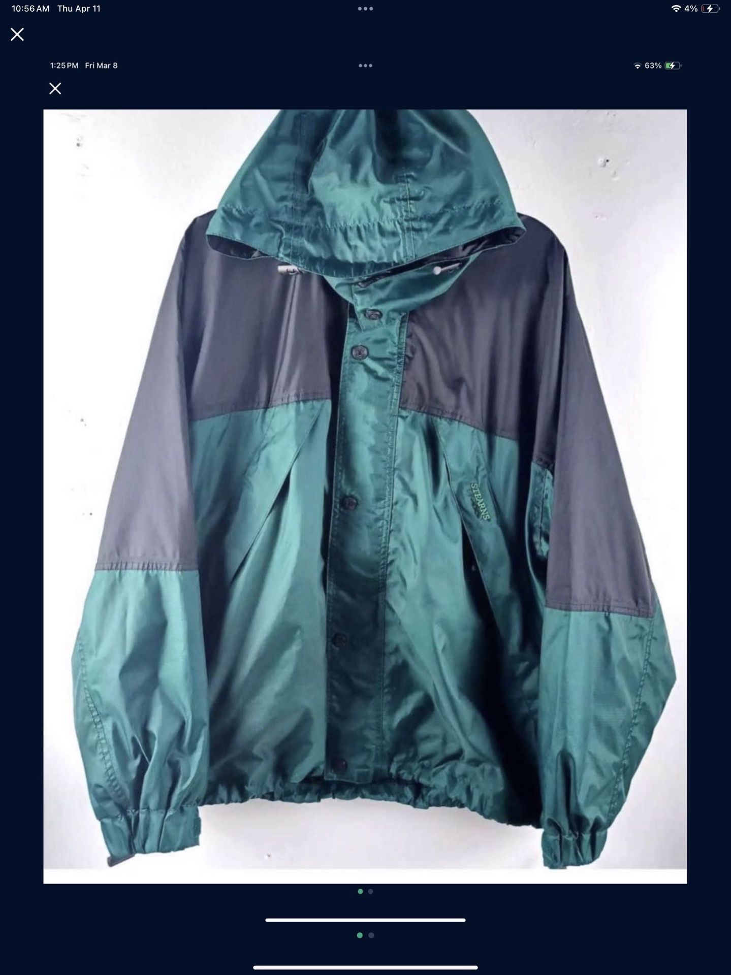 Vintage Stearns Hooded Wind Rain Jacket Coat Dry Wear Snap Zip Up XL