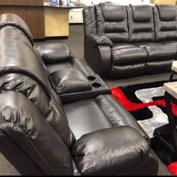 Brand New Black Leather Reclining Sofa & Loveseat