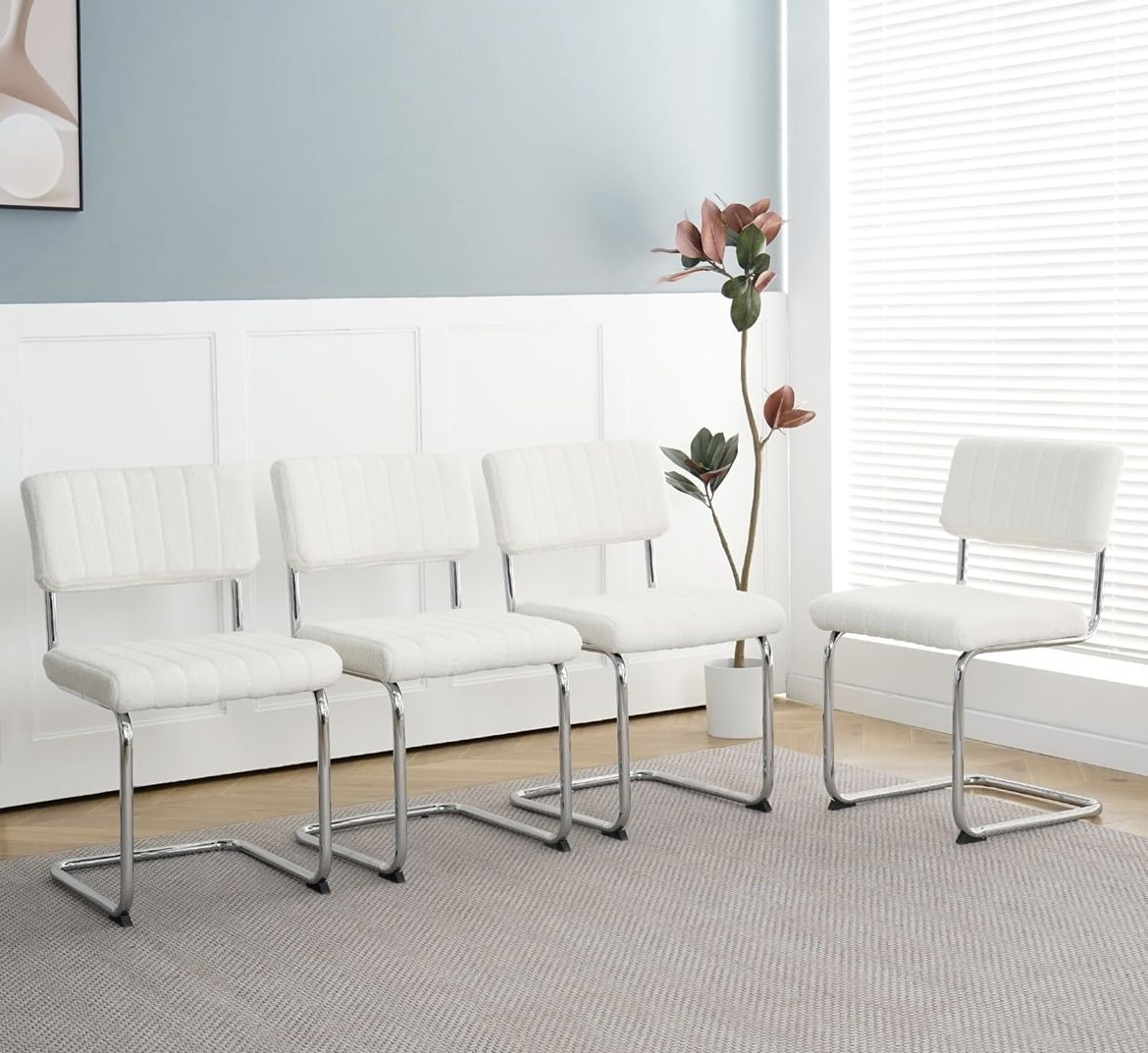 Modern Simple Light Luxury Dining Chairs with Silver Metal Legs - Set of 4,White Bow-Back Student Chairs for Family Dining Room, Bedroom, Dressing Ro