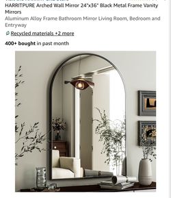 NEW In Box Black Metal Arched Wall Mirror 24"x36"