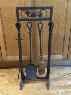 Vintage Hand Forged Wrought Iron Fireplace Tool Set on Decorative Grape & Leaf Metal Stand