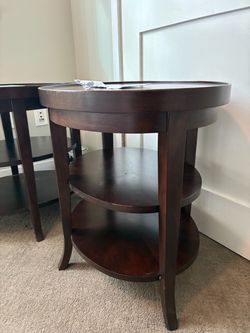 Round Dark Wood 3-Tier End Table x2