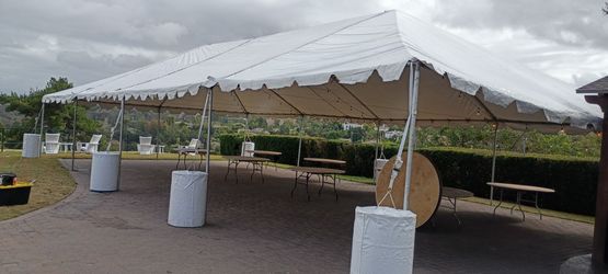 White tent 30x50, tables, chairs, tablecloths, decorations, lights, candlesticks, artificial grass and more