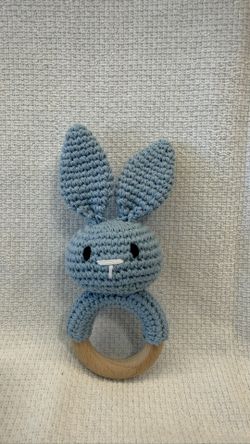 Handmade Bunny Rattle Teether – Soft & Natural Baby Toy 💙 newborn gift