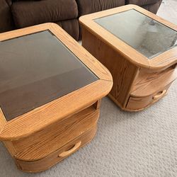 Pair of Vintage Oak End Tables - Smoked Glass Tops