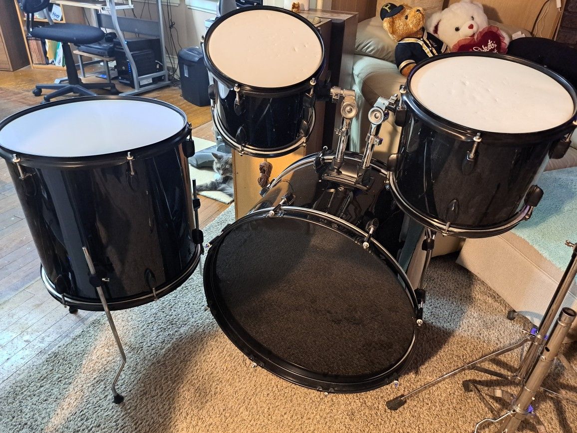 6 Piece Ebony Black Drum Set 4 Drums Cymbal Stand +