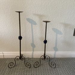 Metal Candle Holders Cobalt Blue Glass Accent 