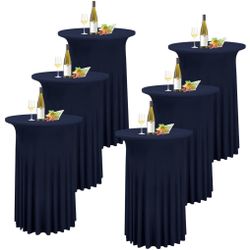REWOMC 6 Packs Round Cocktail Table Skirt 32"X 43" Spandex Stretch Cocktail Tablecloth With Wavy Drapes, Navy Blue Spandex Fitted 