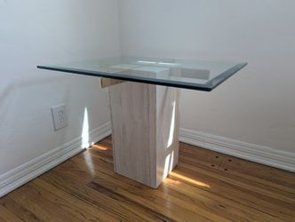 SET OF TWO - TRAVERTINE STONE SIDE TABLES W/BEVELED TEMPERED GLASS TOP - 24Lx32Wx22.5H