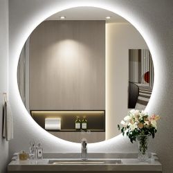 32 Inch LED Backlit Round Mirror Dimmable Lighted Bathroom 6000K Wall Mounted Mirror Anti-Fog, Touch Switch and CRI 90+