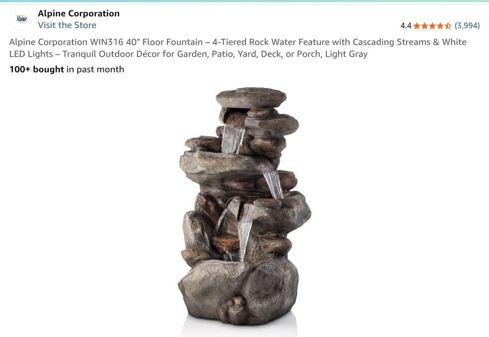 Alpine Corporation WIN316 40" Floor Fountain – 4-Tiered Rock Water Feature with Cascading Streams & White LED Lights – Tranquil Outdoor Décor for Gard
