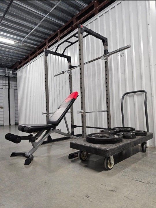 Olympic Squat Rack Cage with Bench, Bar and Weights