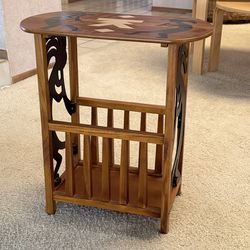 Stunning Kokopelli Magazine Rack Side Table — Southwestern Wood Inlay
