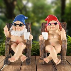 Funny Gnomes in Rocking Chair - 2 Pack Resin Middle Finger Decor Collectible Naughty Naked Figurines - Unique Gifts for Garden, Home and Office (Sitti