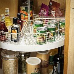 For Lower Cabinet Lazy Susan.  Metal Wire Lazy Susan Storage Basket Wedge with Handle.