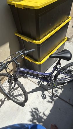 purple Huffy Rock Creek mountain bike.